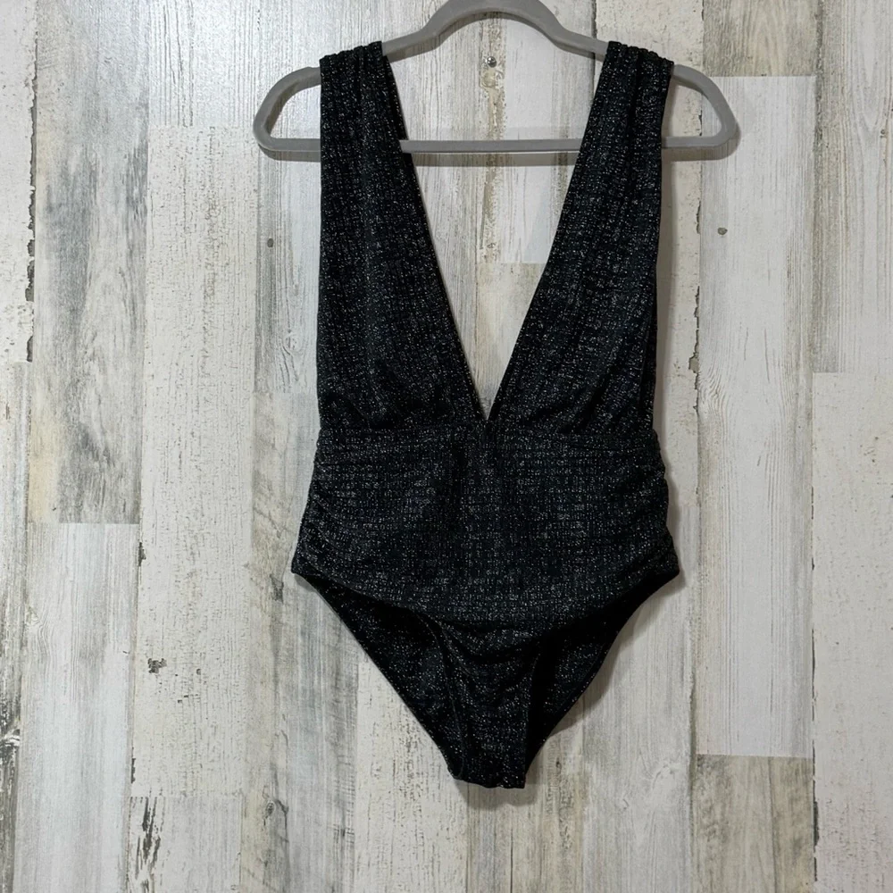V Neck Glitter Sparkling Black Women's One-Piece Swimsuit